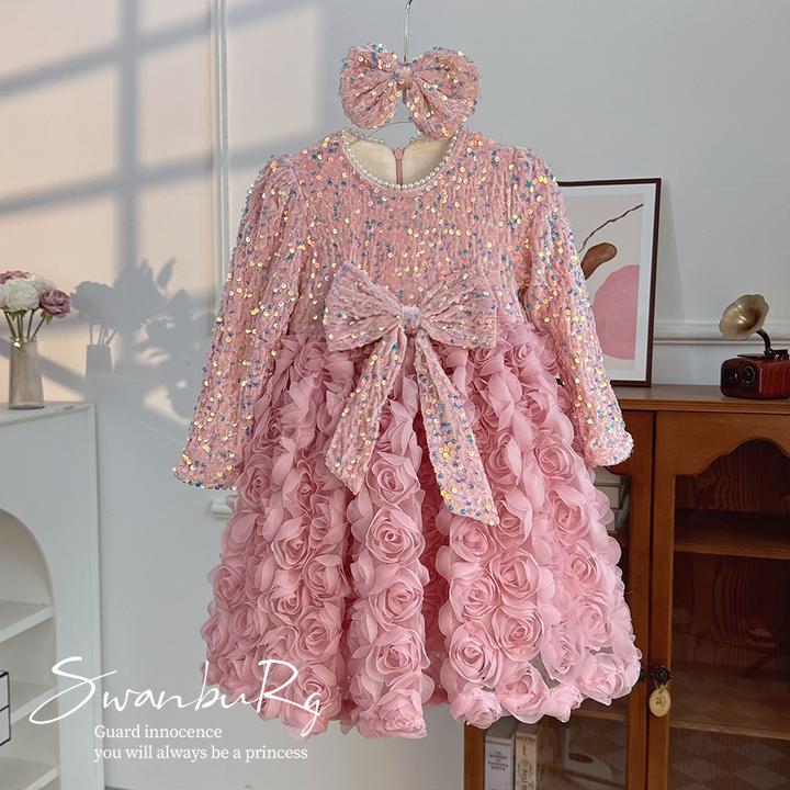 【Y.G096】2024秋季新款女童甜美蓬蓬纱拼接网纱长袖礼服公主裙