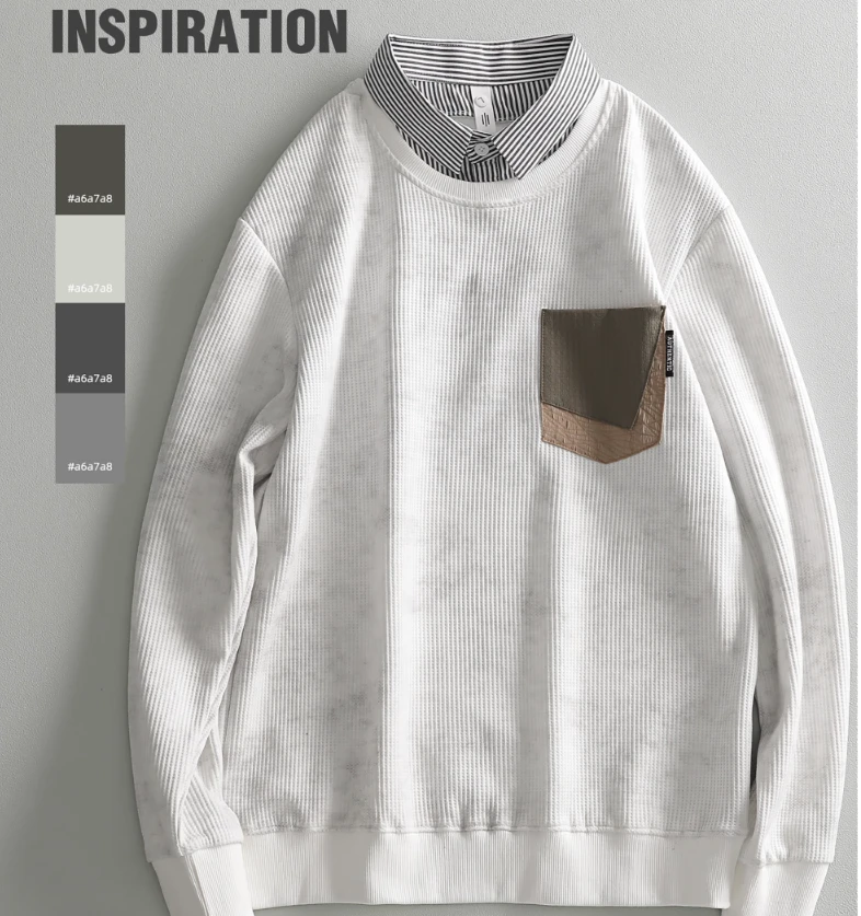 秋冬潮奢撞色口袋拼接假两件卫衣男士痞帅休闲翻领扎染设计上衣