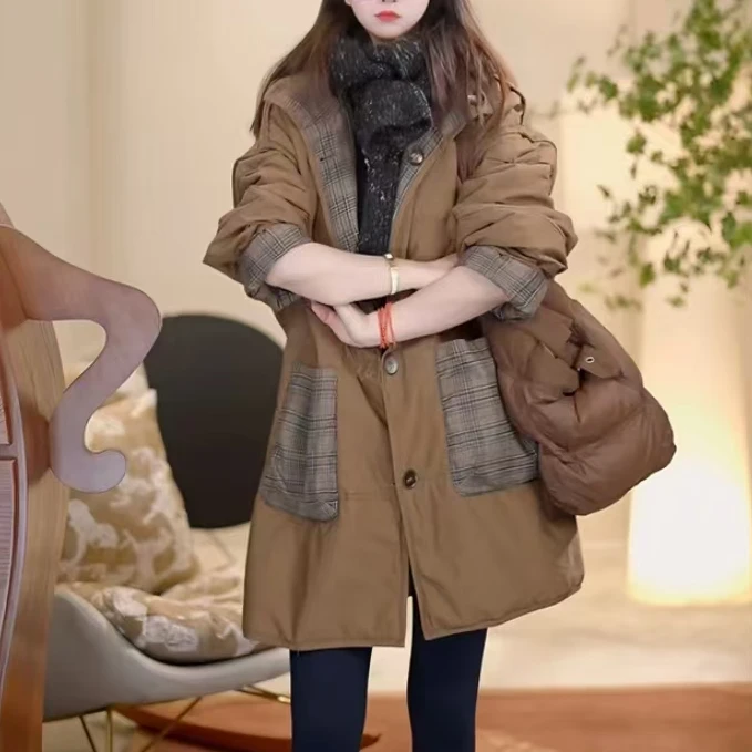 连帽休闲格子时尚气质宽松2024棉服外套冬季百搭新款派克服