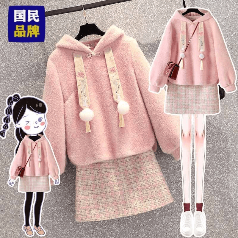 女童新款秋冬季套装中大童拜年服秋冬儿童加绒加厚两件套