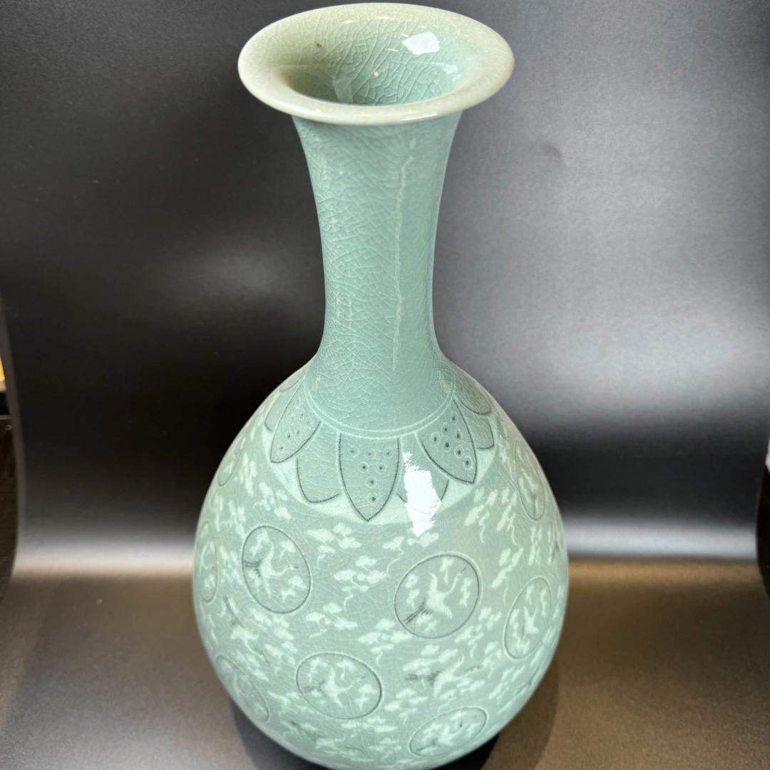 日瓷回流韩国人间国宝高丽青瓷古堂赵斗彦作仙鹤祥云御用大花瓶