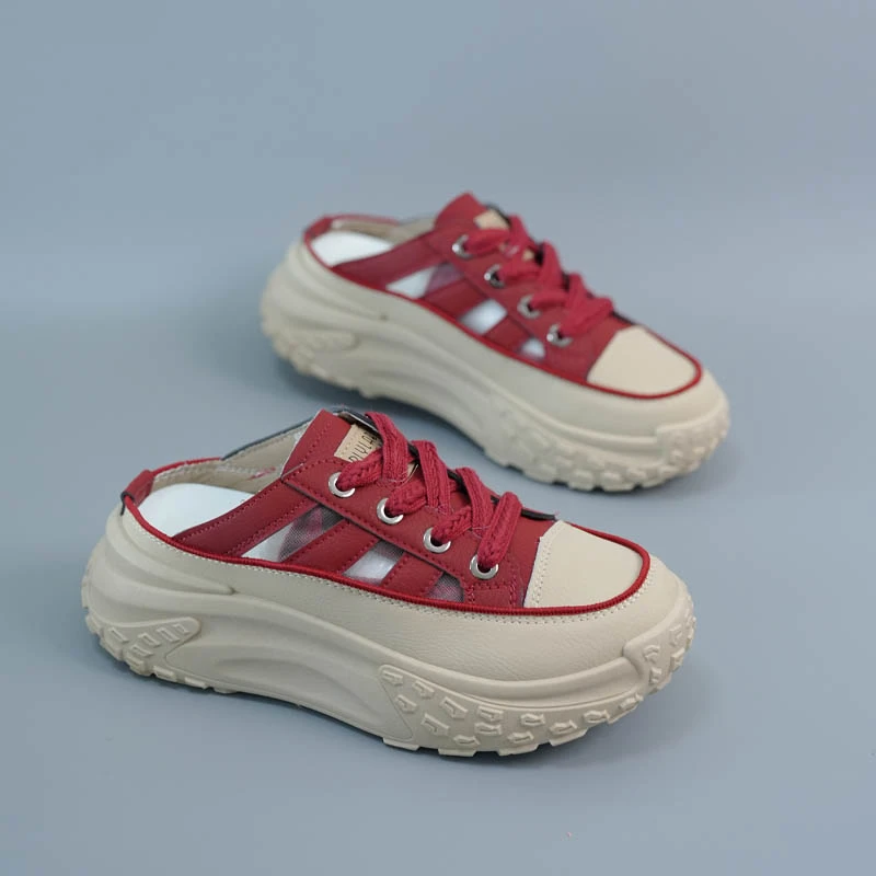 休闲鞋女2024夏季新款韩版百搭网面透气厚底板鞋女半拖系带蕾丝潮