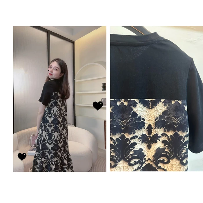 【3D立体感】超凉快假两件拼接碎花连衣裙女夏短袖设计感中长款裙子