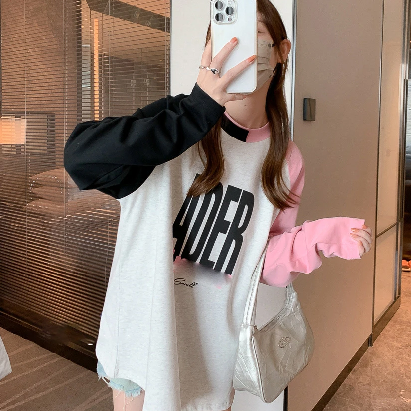 韩版潮款时尚春秋字母印花撞色插肩双领长袖T恤女宽松打底衫百搭