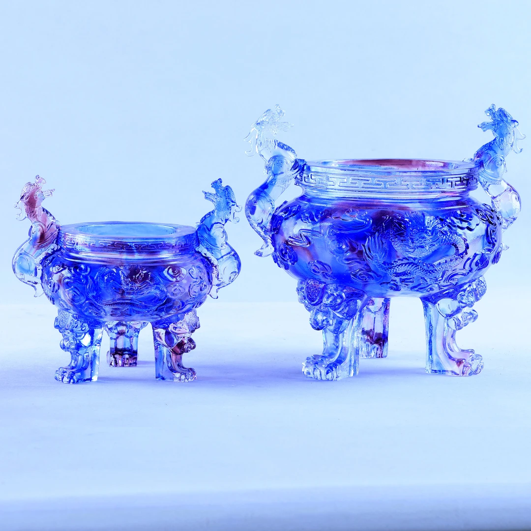 B201 琉璃摆件《盛龙宝鼎》香炉聚宝盆禅意鼎盛办公室书房装饰