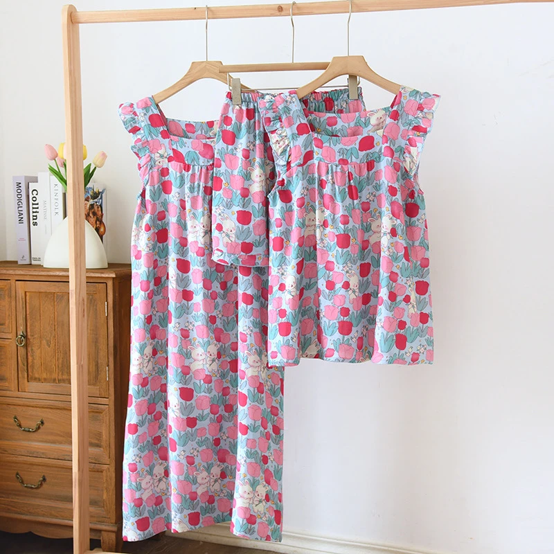 【A类】睡衣睡裙春纯棉棉纱全棉薄款家居服套装竹纤维郁金香小兔