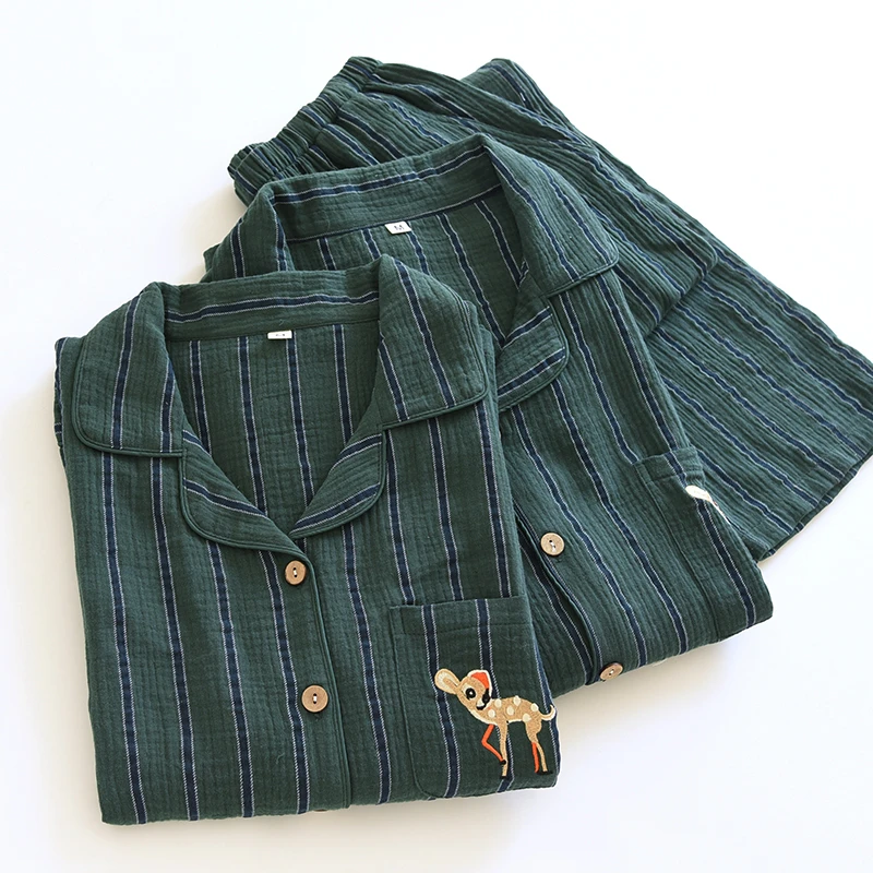 睡衣男女春秋季纯棉泡泡纱长袖情侣家居服套装条纹小鹿