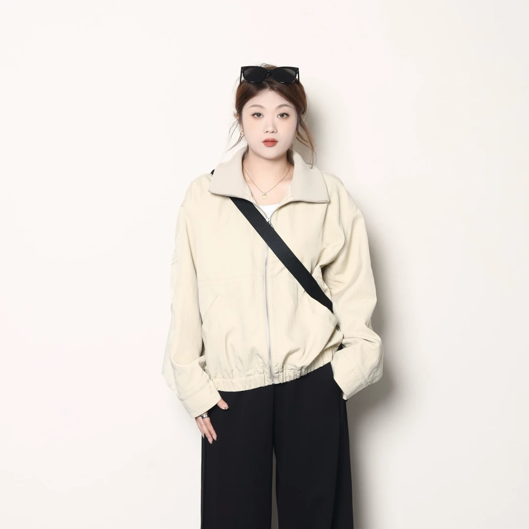 裂渡宣宣【时尚焦点】微胖轻奢设计款斜纹肌理立领夹克外套LD407S27