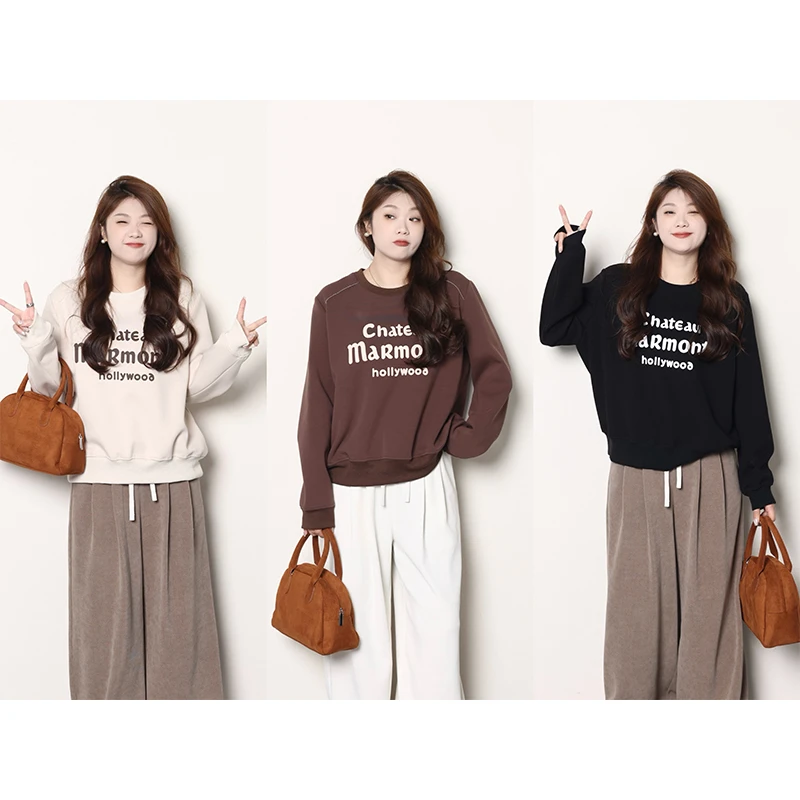 裂渡宣宣【生椰拿铁】微胖大码女秋气质百搭圆领宽松卫衣 ZY402J02