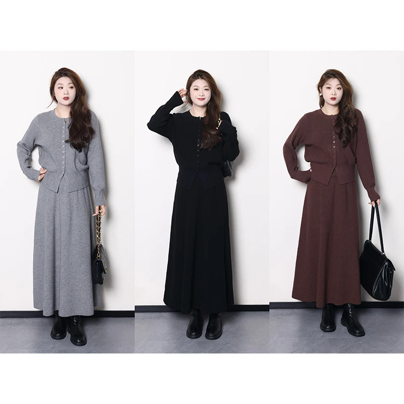 裂渡宣宣-【冬日热恋】微胖大码女冬百搭针织上衣+半裙套装ZY409Q15