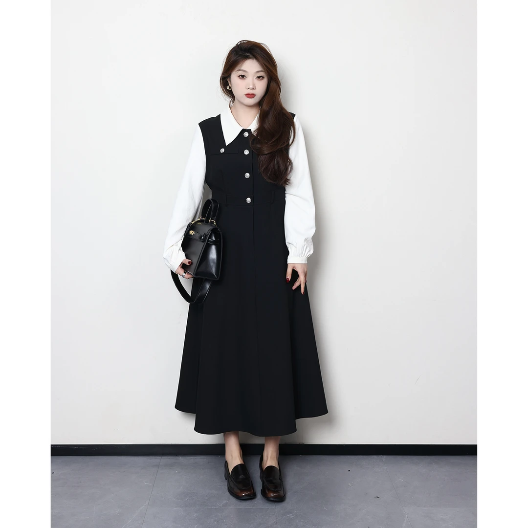 QC-宣宣【淡雅白茶】微胖大码女秋冬气质假两件长袖连衣裙ZY412A20