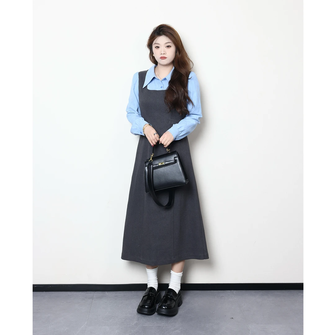 裂渡宣宣【冰点海盐】微胖大码女秋冬气质假两件撞色连衣裙ZY412A10