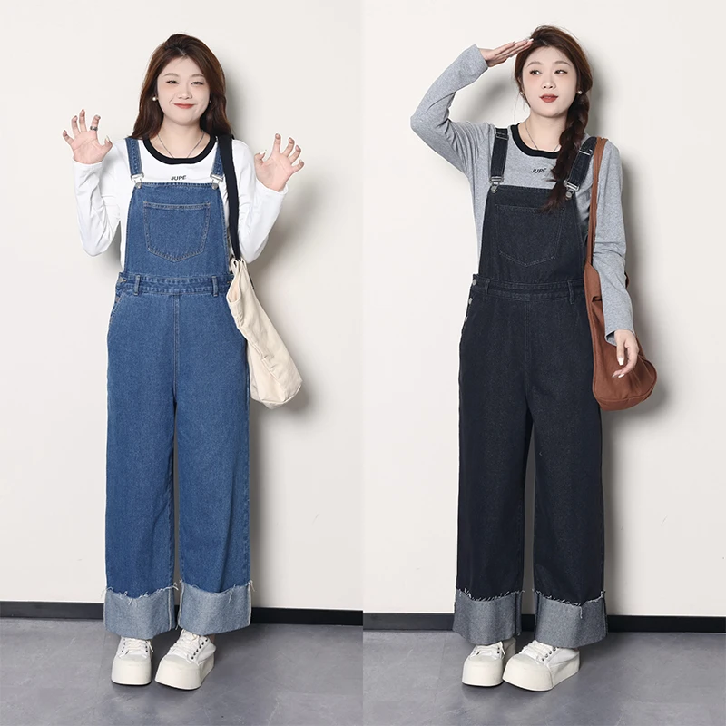 QC-宣宣【海岸来信】微胖大码女秋百搭显瘦折边九分背带裤ZY405Q67