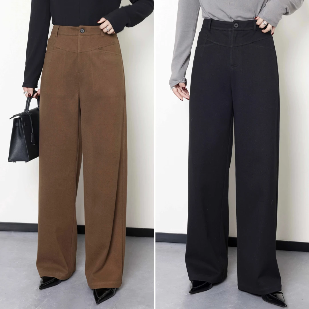 QC杨杨【暖冬奏曲】微胖大码女装秋冬高腰直筒毛呢长裤ZY310K11