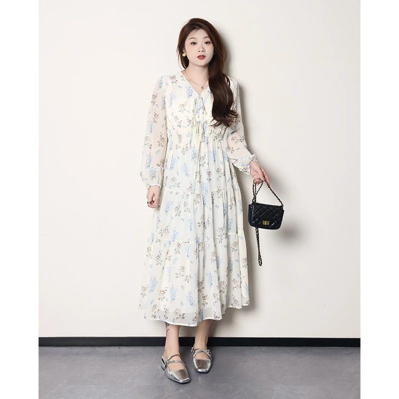 QC-宣宣【花蕾寄语】微胖大码女秋气质显瘦收腰碎花连衣裙ZY407Q48