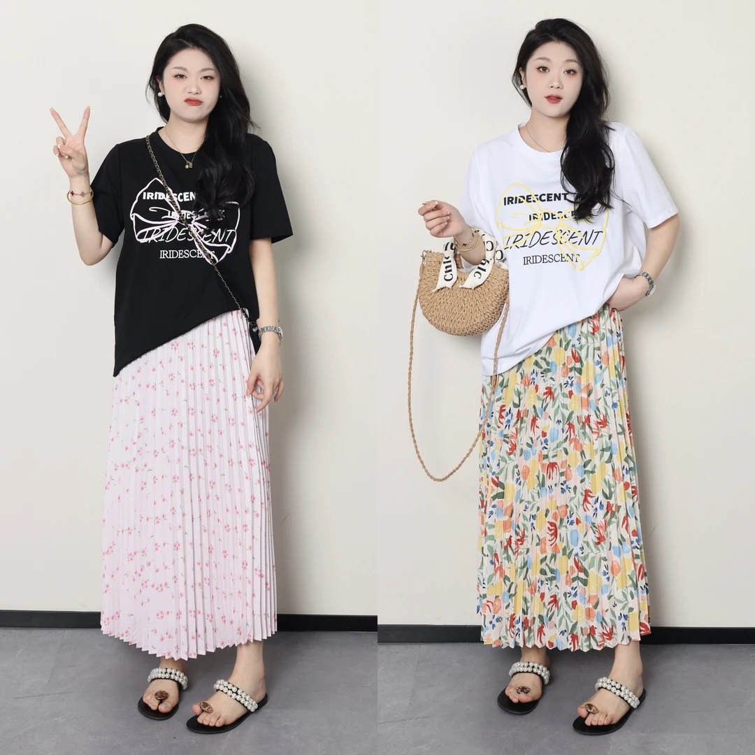 QC宣宣-【私有黄昏】微胖大码女夏印花T恤+压褶半身裙套装ZY405Q20