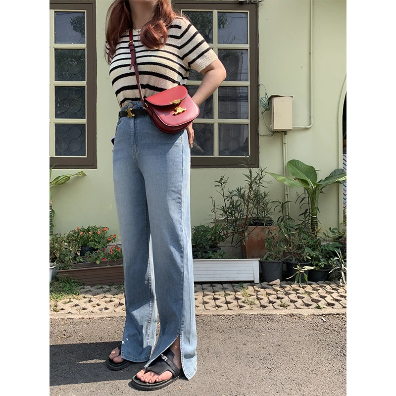 QC裂渡-高腰开叉牛仔裤女夏季大码薄款直筒显瘦拖地长裤XS305U22