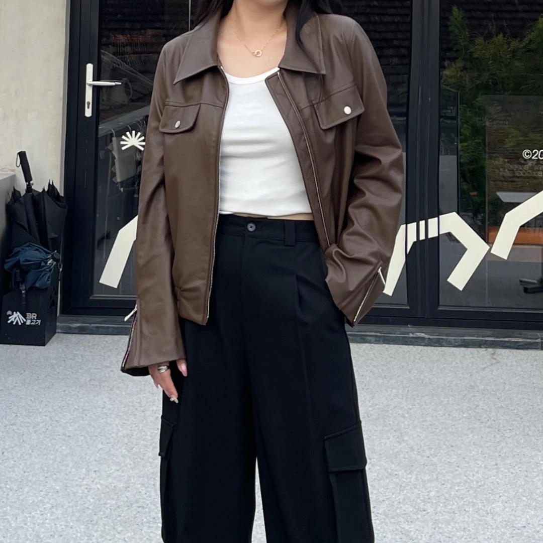 QC柚柚【咖椰摩卡】微胖大码女装秋皮衣美式复古pu外套ZY308J74