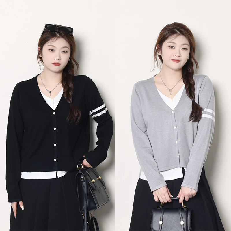 QC-宣宣【黑白间奏】微胖大码女早秋百搭V领假两件针织衫 ZY407Q68
