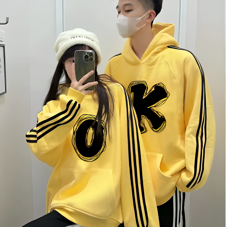 情侣装三条杠连帽卫衣一男一女秋冬2025新款韩版宽松潮流情侣卫衣