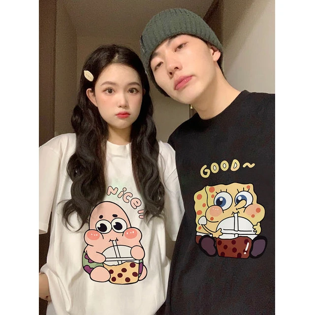 情侣装短袖t恤一男一女海绵宝宝潮牌短袖夏季潮流宽松半袖t恤上衣