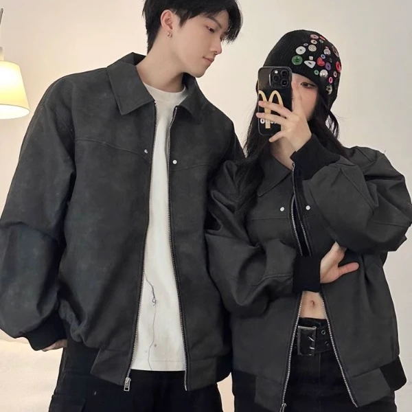 高级感情侣装皮衣外套秋冬美式复古2025新款休闲夹克男女宽松潮牌