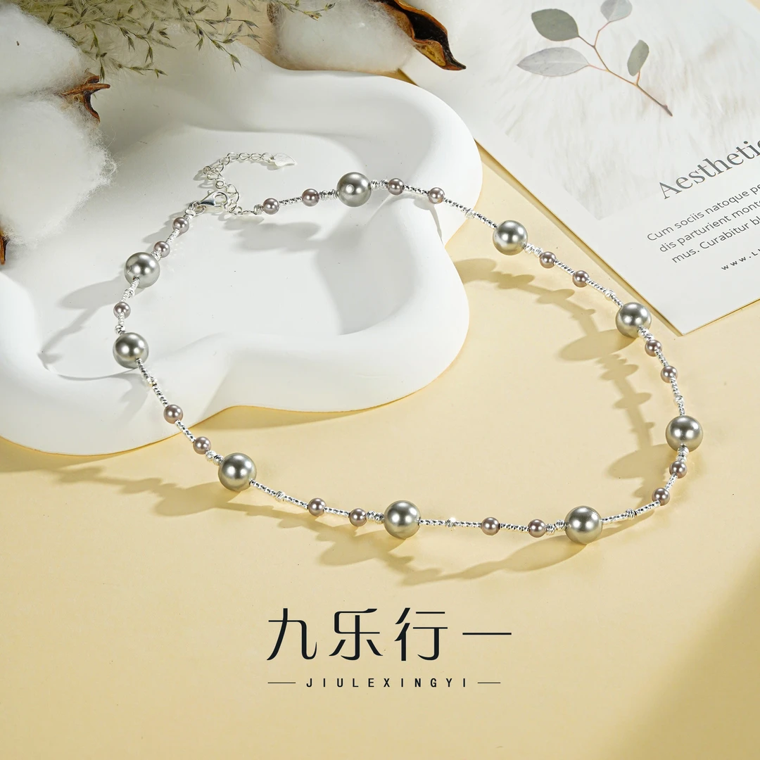 链子925银仿珍珠 车花管灰色贝珠项链