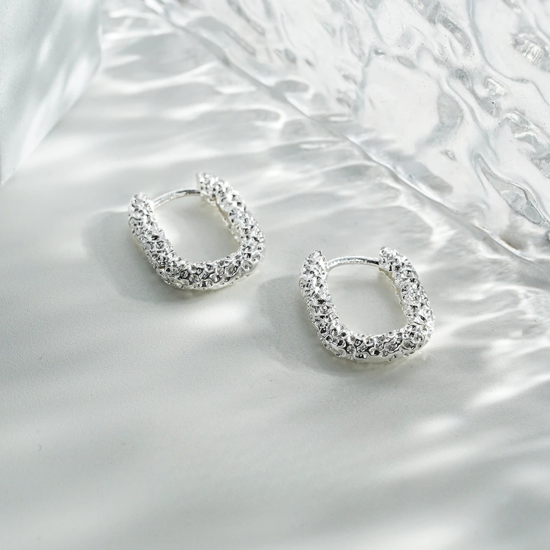 九乐 925银耳饰 七夕情人节锡纸纹U形耳扣气质精美小众ins耳饰个