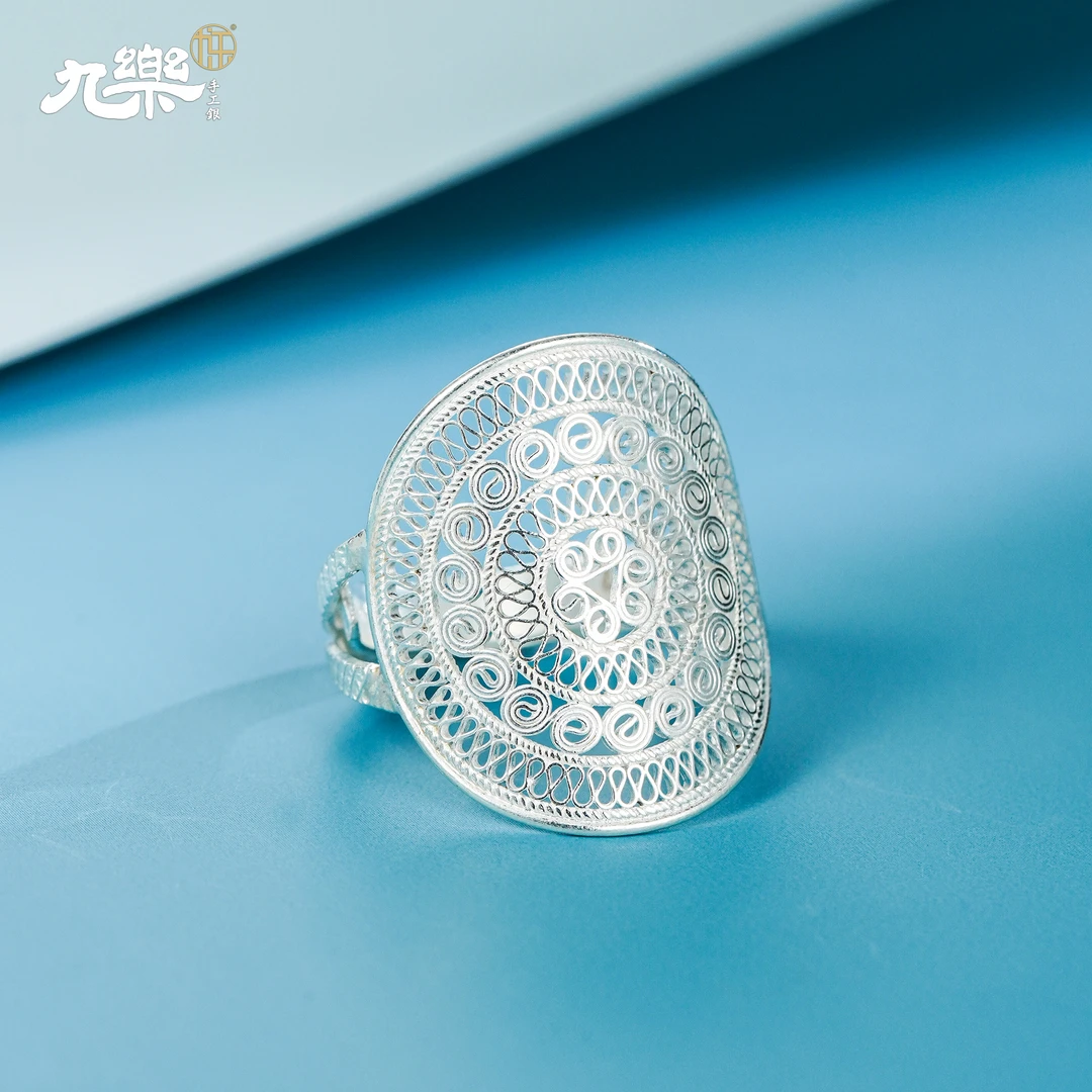 九乐 足银戒指 七夕情人节精细掐丝圆盘戒指小众设计轻奢复古高级