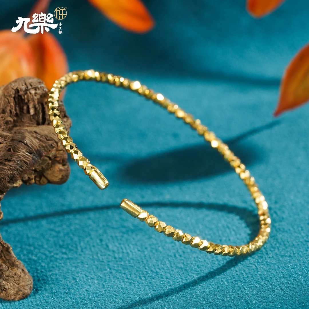九乐 925银手镯 镀金菱形珠弹力手镯简约百搭时尚轻奢金色素圈