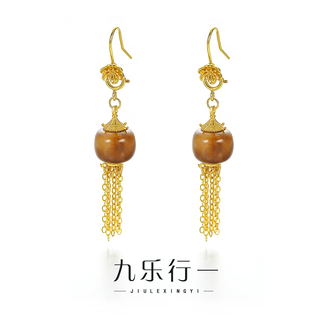 九乐 925银耳饰 香珠镀金流苏耳环
