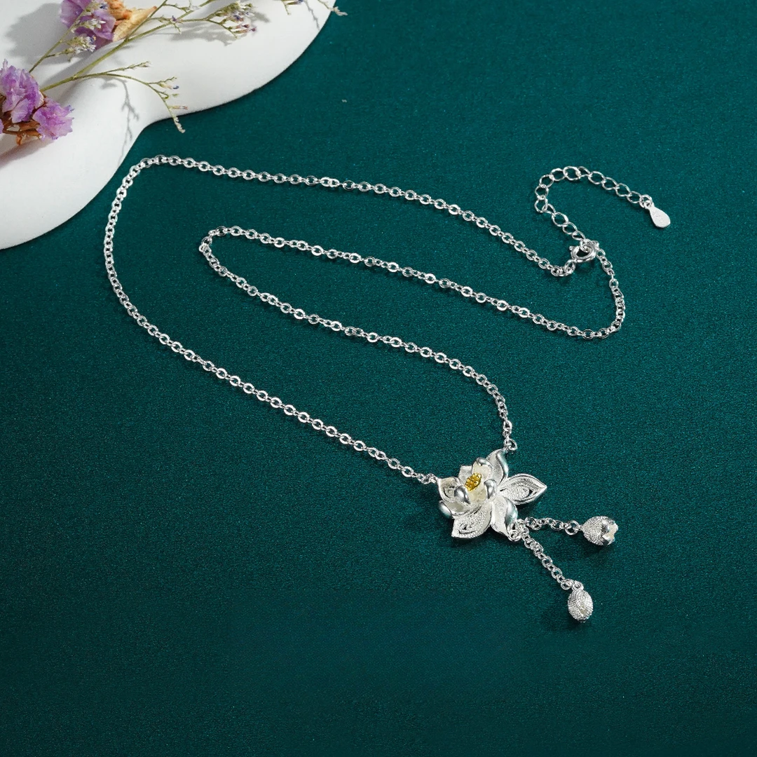 九乐 坠链均足银 七夕情人节掐丝莲花莲蓬两世十字项链复古气质时