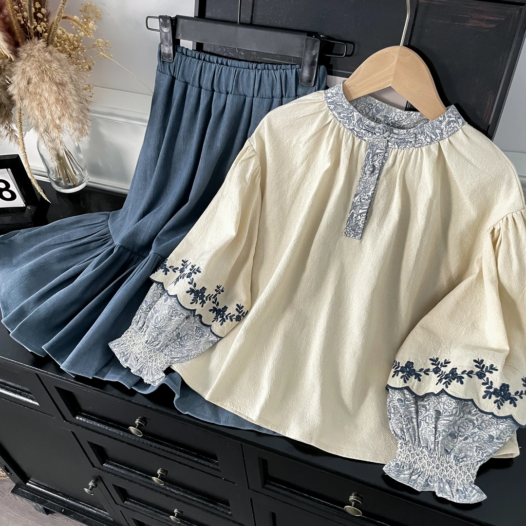 2024秋款女童中大童洋气淑女时尚休闲韩版纯色中式宽松小碎花套装