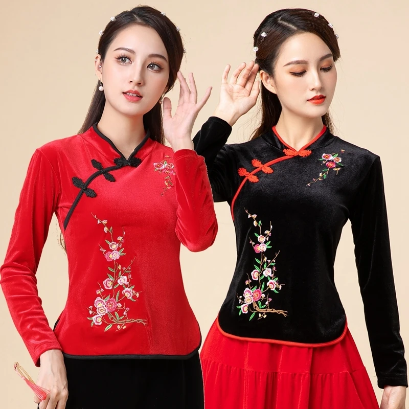 云裳广场舞服装新款上衣女金丝绒绣花长袖跳舞衣中老年民族舞蹈服