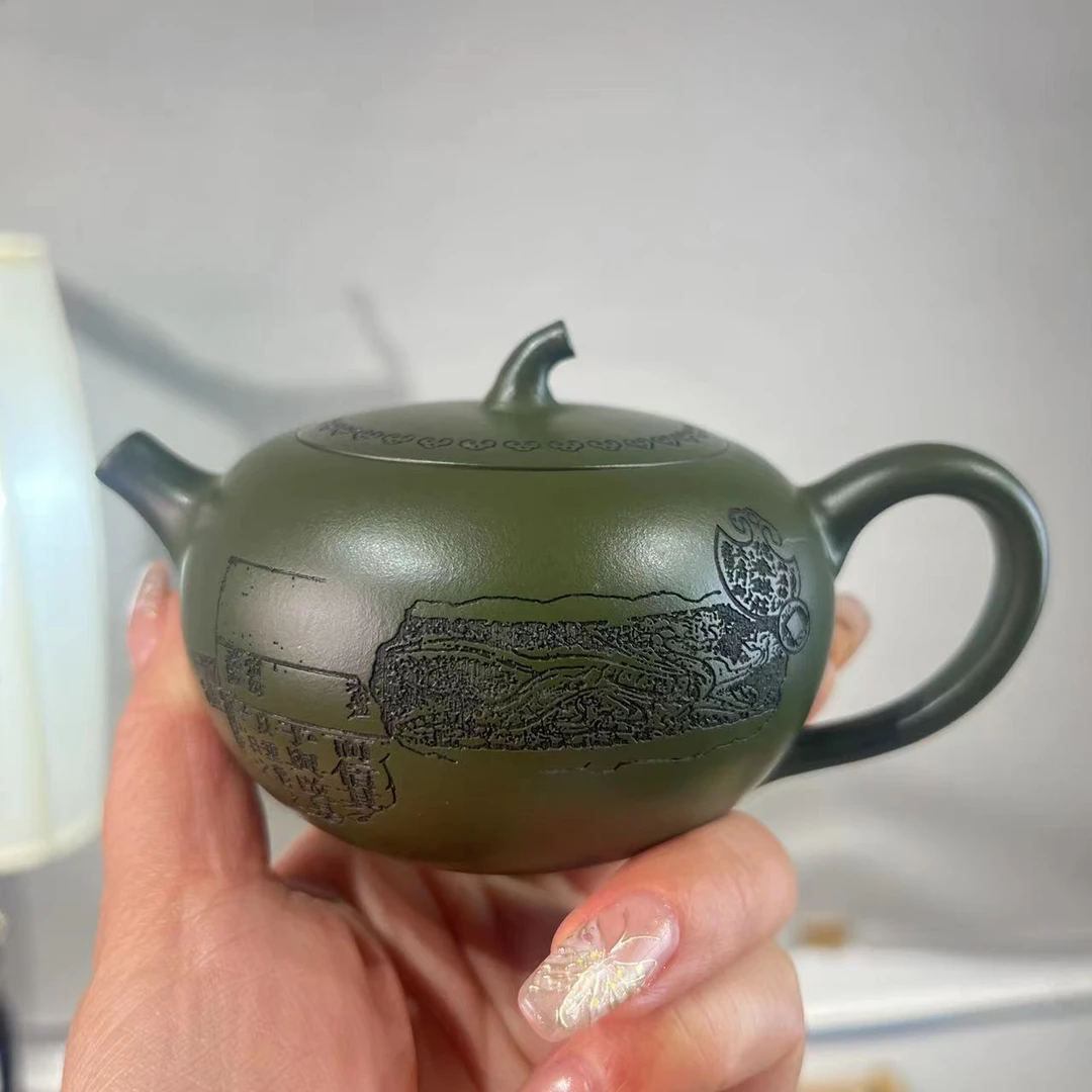 宜兴丁蜀镇高端精美刻绘古钱币仿生苹果紫砂壶150cc