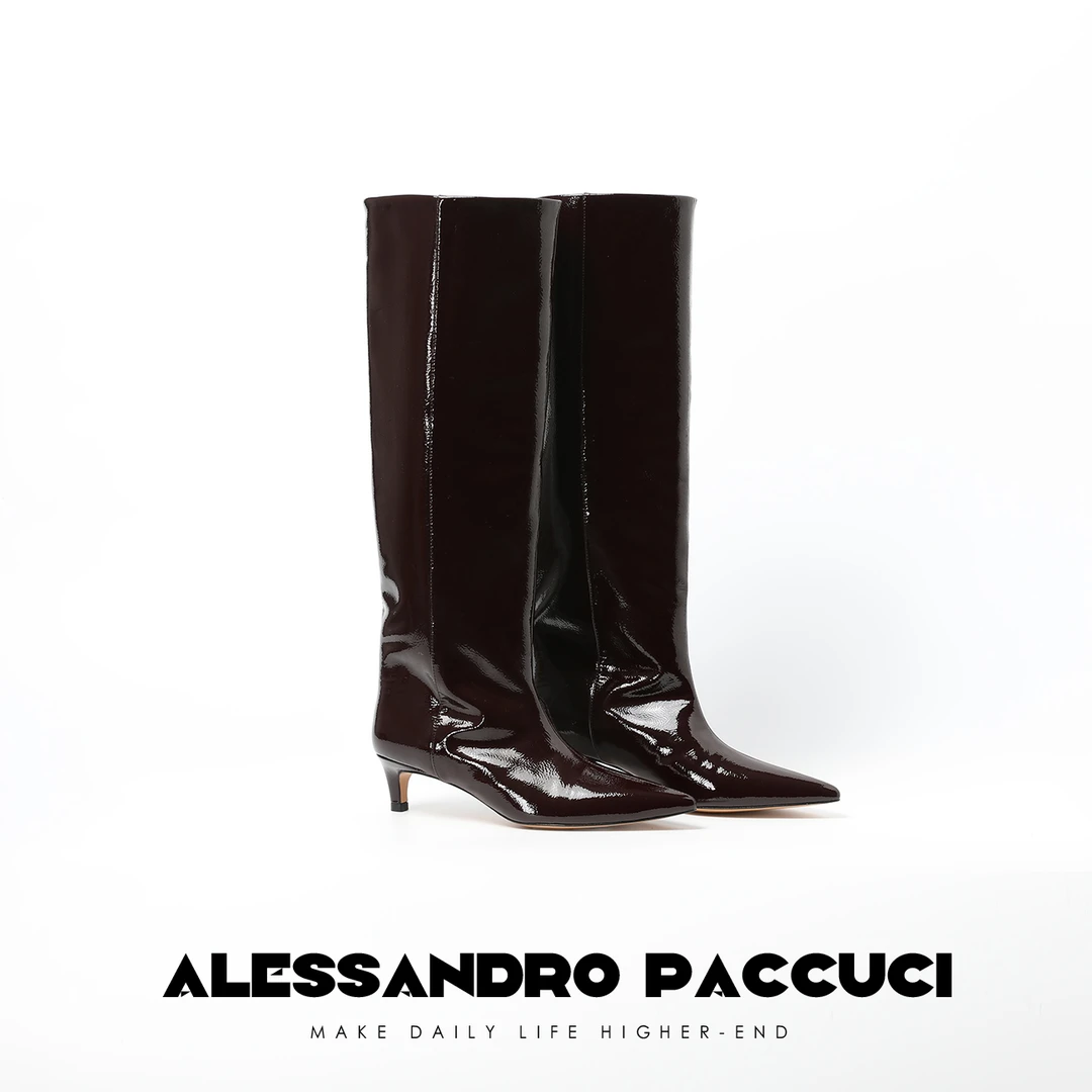 AP洛哥25038X 定制皱漆牛皮 显瘦尖头低跟长靴高帮鞋