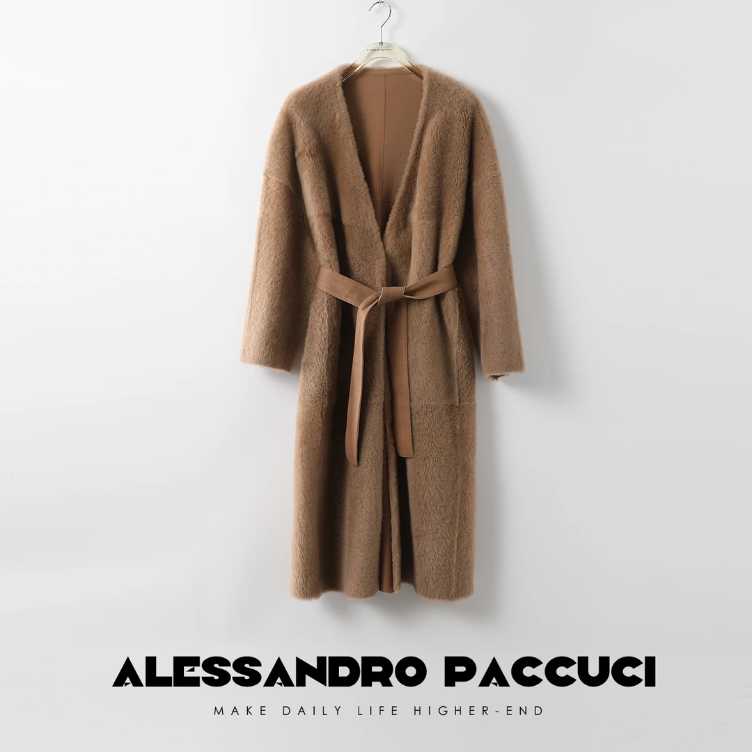 AP洛哥24251【黑标系列】进口拉贡舒适皮毛一体腰带浴袍式皮草外套