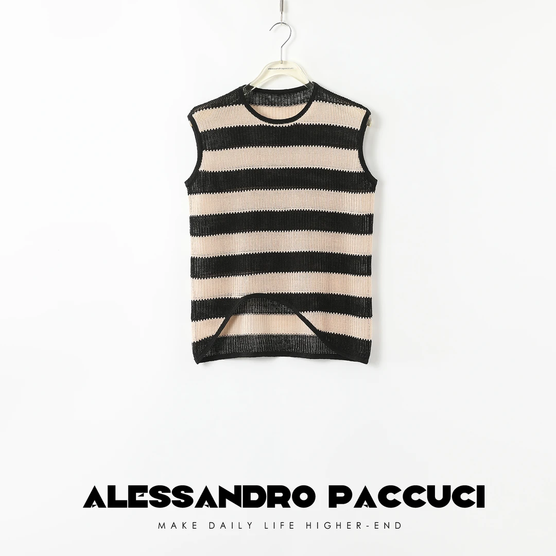 AP洛哥42032MJ【清凉】100亚麻条纹镂空边缘包边无袖时尚背心夏季