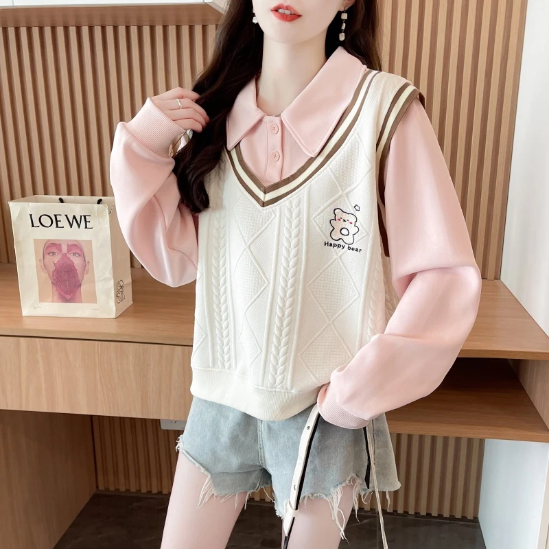 小个子卫衣女春秋2025新款小熊翻领宽松韩版长袖薄款外套上衣ins