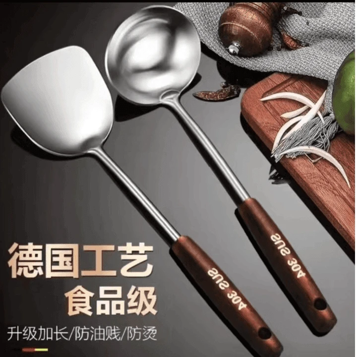 家用长柄不锈钢烹饪套装炒菜锅铲汤勺木手柄
