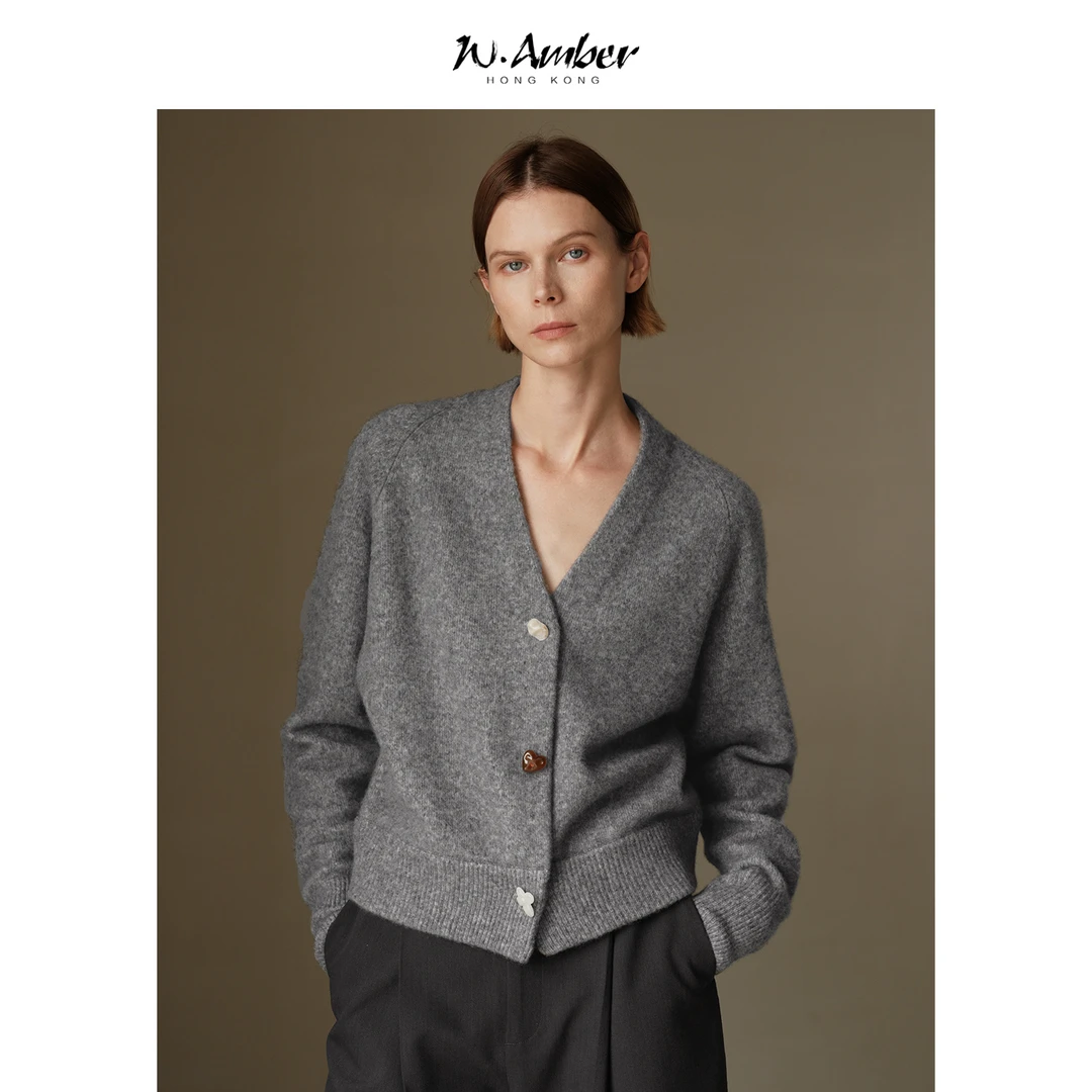 羊毛混纺V领异扣长袖针织衫女2025春秋新款百搭灰色开衫