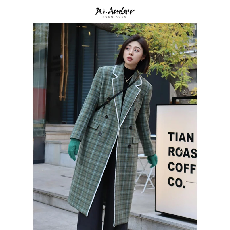W.Amber英国羊毛/格纹呢子大衣2025年新款英伦风毛呢外套女