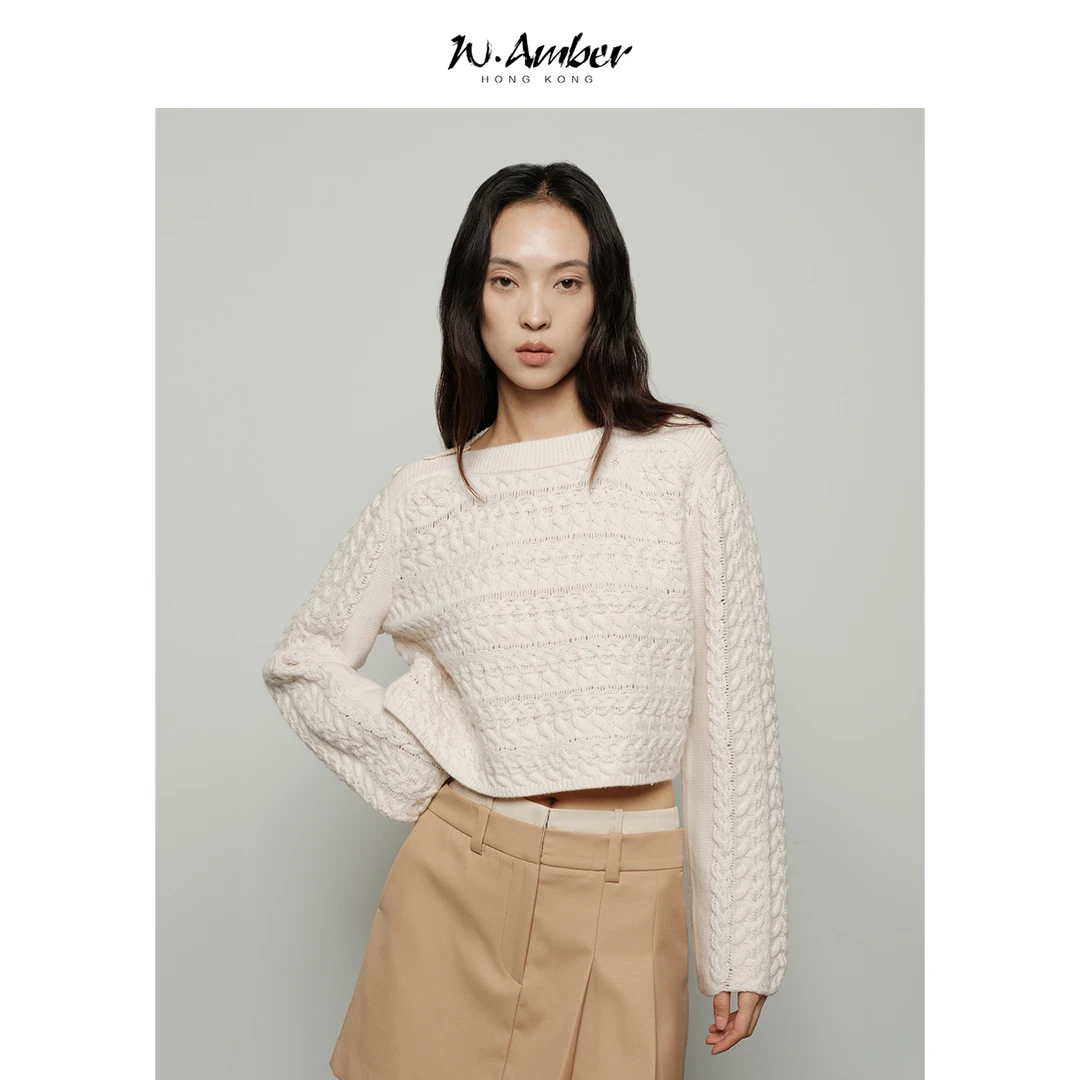 【明星同款】全羊毛重工立体绞花粗针厚款毛衣一字领短款针织套衫