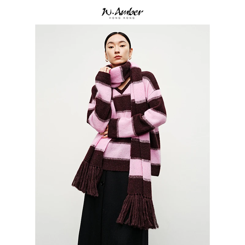 V领撞色条纹羊毛混纺马海毛针织衫女新款流苏毛衣