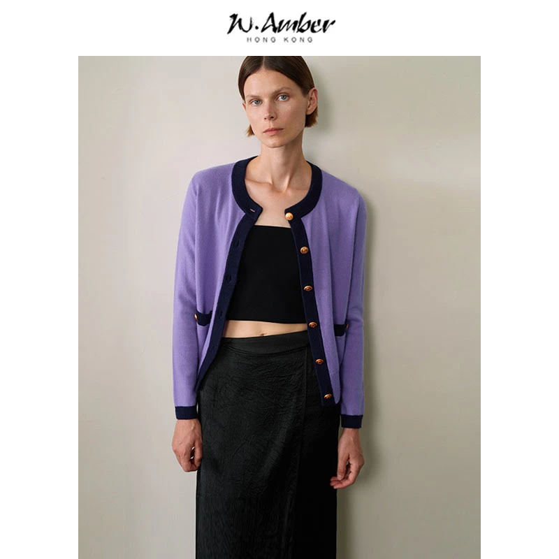 羊毛羊绒/小香风针织开衫女新款撞色复古金扣圆领