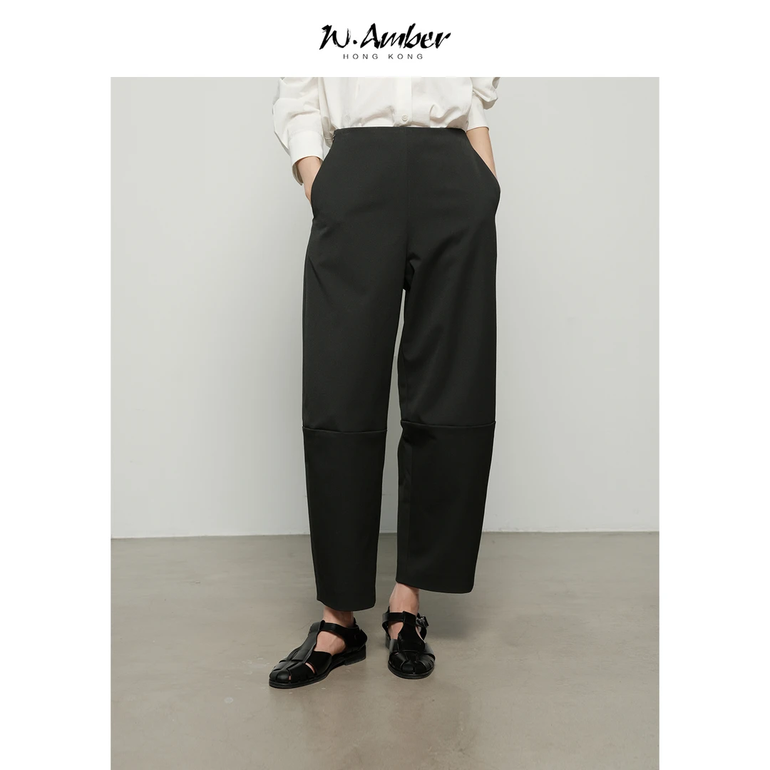 W.Amber茧型分割九分休闲裤女2025年早秋新款黑色宽松慵懒风裤子