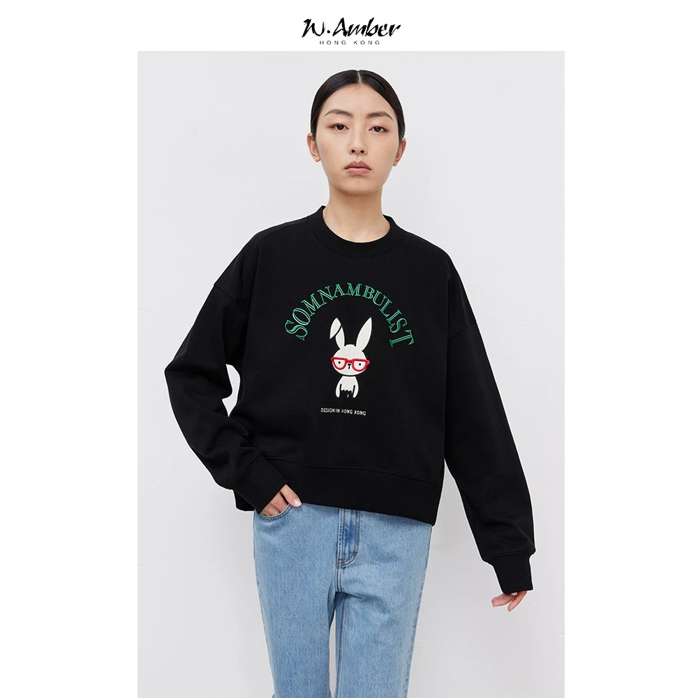 全长绒棉/兔子梦游者圆领卫衣女宽松落肩上衣