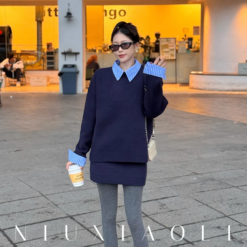 捡漏甩卖，两件套条纹拼接手袖衬衣领毛衣卫衣+短裙厚款2024冬季