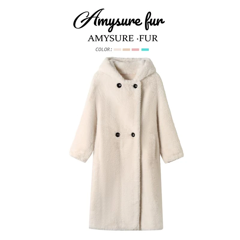 AMYSURE爱米修折领大兜帽加厚毛绒连帽长外套2280