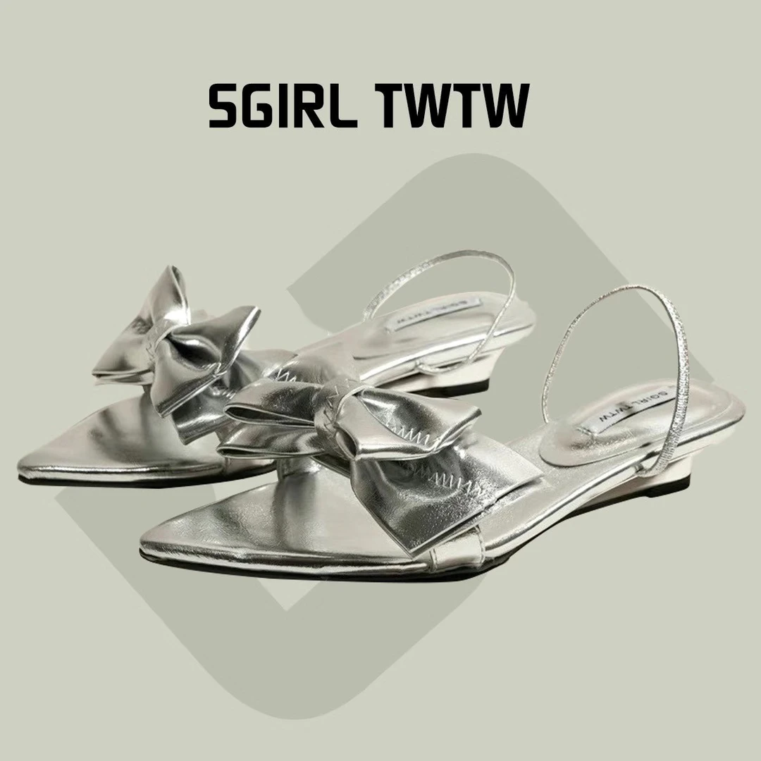 SGIRL TWTW高级感尖头蝴蝶结细跟凉鞋女2024新款露趾高跟套脚单鞋